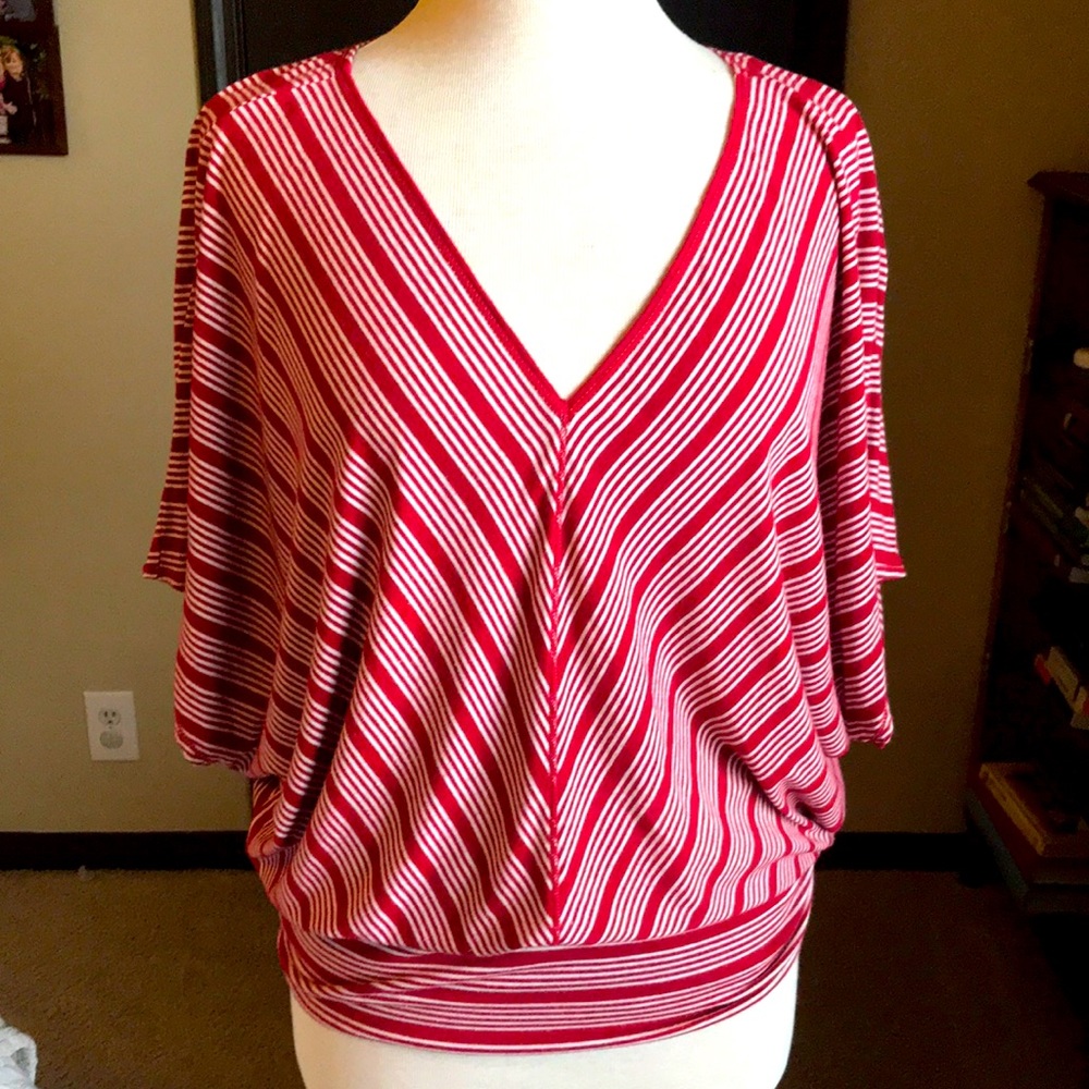 Red and cream-striped bat wing-sleeves top
